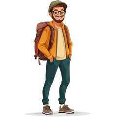 Fototapeta premium Cartoon road tripper wearing casual travel clothes on a white background
