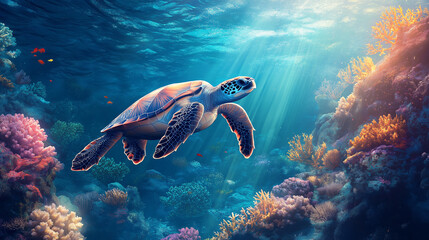 Fototapeta premium Sea Turtle in Vibrant Coral Reef Underwater Scene. Concept of Marine Life, Ocean, and Wildlife.