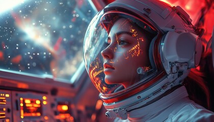  Female astronaut exploring vibrant red spaceship with advanced technology and starry reflections