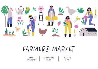 Vibrant hand drawn farmers market poster. Vector banner, templates for agricultural fair, agricultural festival.