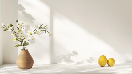 Minimalist still life with a ceramic vase of white flowers and two lemons casting shadows on a sunlit white surface, creating a serene and modern composition.