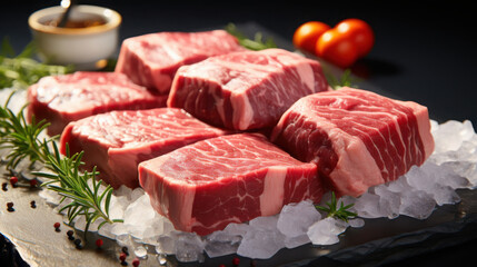Precision cutting of raw wagyu beef rolls on a white marble surface culinary artistry kitchen close-up view culinary precision for gourmet cooking