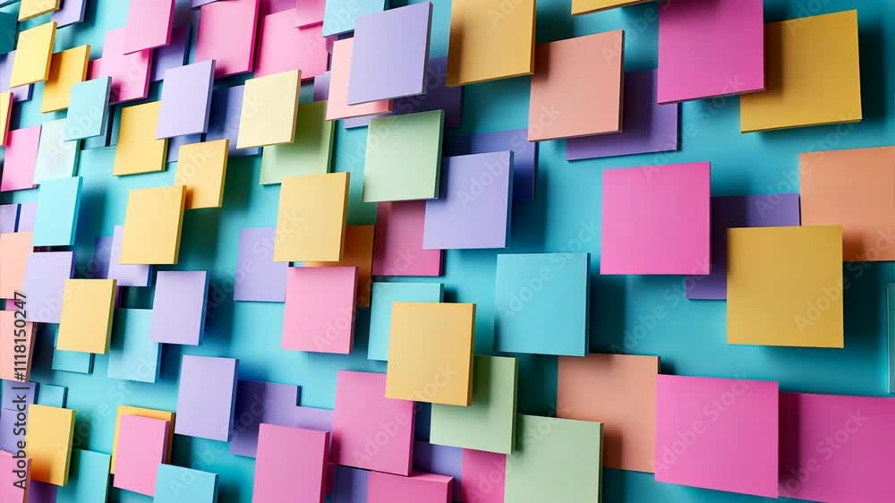 Poster colorful paper notes arranged in a vibrant, abstract pattern against a blue background, creating an 