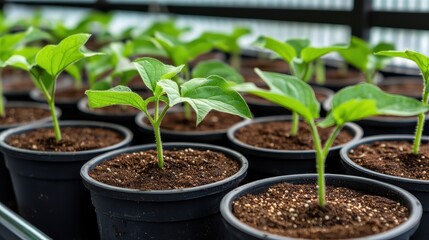 Greenhouse Watermelon Concept, Neatly Arranged Watermelon Seedlings Growing in Small Pots in a Greenhouse Environment