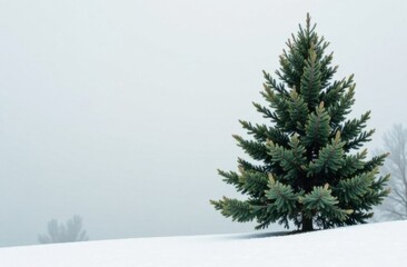 Fototapeta premium banner, on the left there is space for text, on the right there is a photo of a large beautiful green spruce, there is a snowdrift under the spruce, there is snow in the background color is light gray