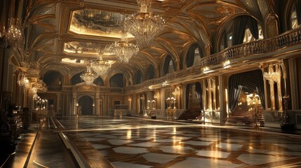 Fototapeta premium A grand interior ballroom with ornate ceilings, luxurious chandeliers, and elegant floor patterns