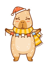 Obraz premium Cute сartoon Santa capybara with party flags isolated on white - funny animal for Your Christmas happy winter holidays design