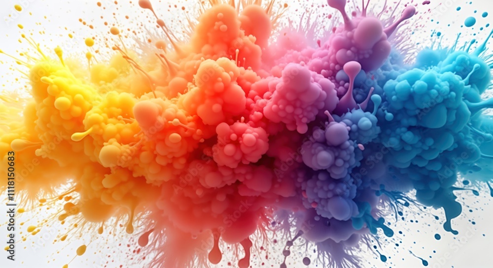 Poster Colorful paint explosion in abstract design. Vibrant colors mix, flow creating dynamic pattern. Liquid drops, splashes add to visual chaos. Image shows creativity, motion. Futuristic, vivid visual