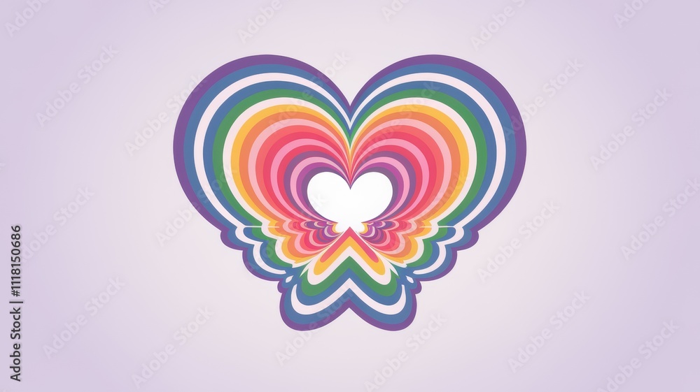 Poster rainbow colored heart shape creating tunnel effect on purple background