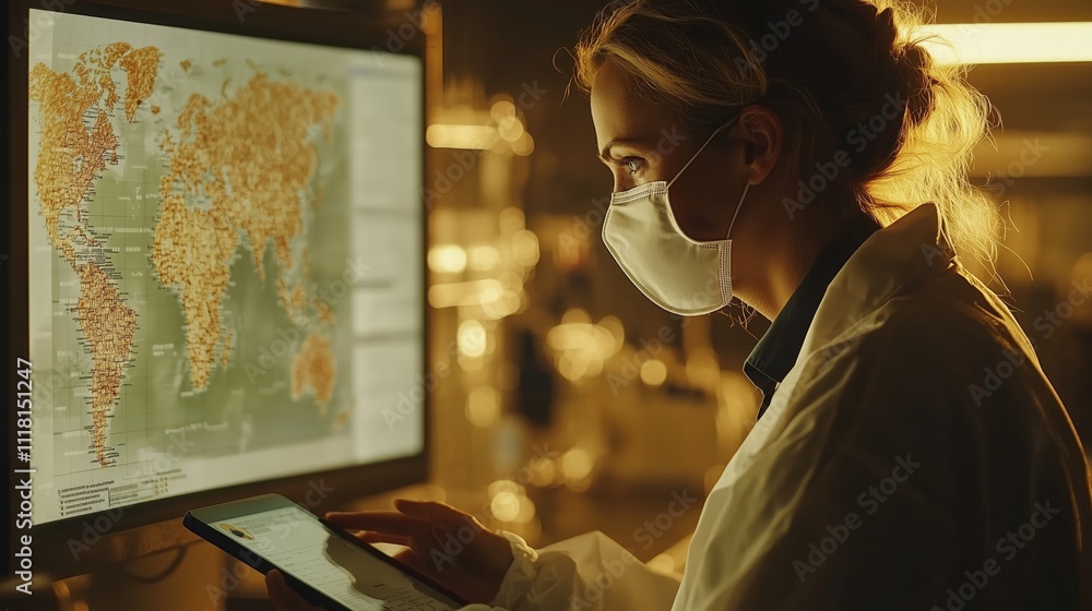 Poster scientist analyzing data with world map in background
