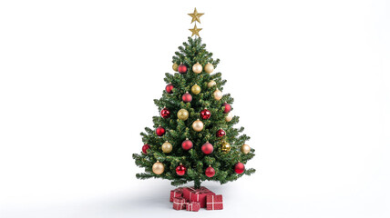 Obraz premium A Christmas tree with red and gold ornaments isolated on a white background