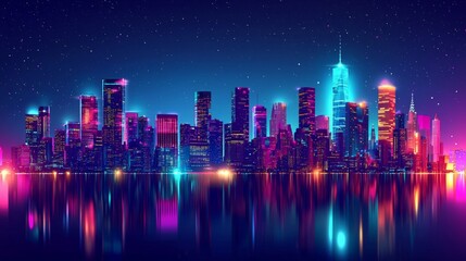 City skyline at night, vibrant city lights, space for text, futuristic city, detailed architecture, cinematic lighting