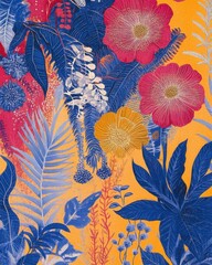 Vibrant floral pattern with colorful flowers and foliage on a bright background.