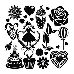 Sweet Valentine Elements Silhouette Vector Icon Set for Romantic Themes