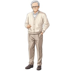 Fototapeta premium Anime elderly man in a modern cardigan with slim-fit trousers on a white background.