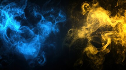 Fototapeta premium A dark backdrop with swirling blue and yellow smoke, producing an abstract design with a luminous, glowing effect. The combination of colors .