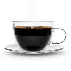 Hot coffee in glass cup and saucer.