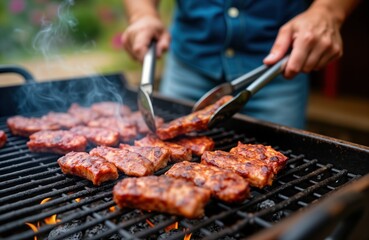 Naklejka premium Person cooks carne asada on grill in backyard. Summer cookout scene. Meat sizzles on hot grill. Grilled meat looks delicious and smoky. Outdoor party vibes. Mexican style BBQ. Perfect summer day.