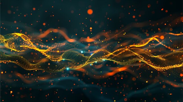 Abstract Gold Particle Waves: A mesmerizing dance of light and motion, with golden particles swirling and flowing in a captivating abstract pattern. The image evokes a sense of energy, dynamism.