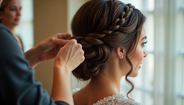 Woman gets intricate updo braid. Hairstylist carefully braids brown wavy hair. Preparation for wedding ceremony. Elegant bridal style. Getting ready. Beautiful woman. Pro salon. Accessory. Stylish