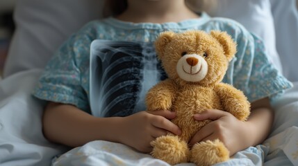 Child holding teddy bear in hospital with x-ray background