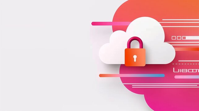 Cloud Security: A minimalist abstract illustration depicting a cloud with a padlock, symbolizing secure data storage and protection. The design features vibrant gradients and lines.