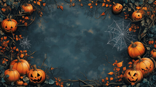 Halloween pumpkin border on a dark background. Concept of spooky, autumn, and Halloween.