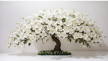A small, white bonsai tree with many flowers.

