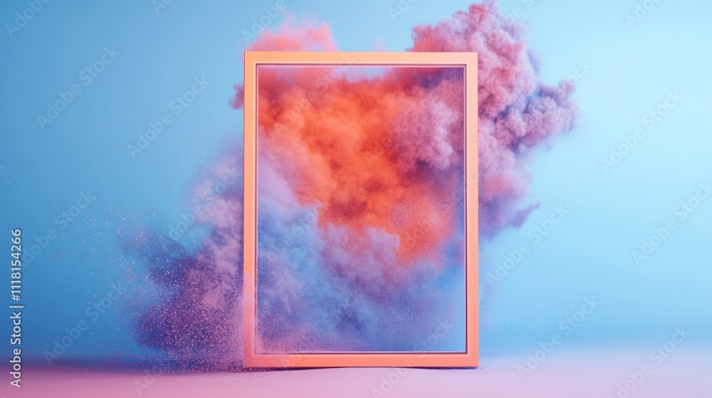 Poster A stunning display of colorful smoke billows out from a rectangular frame, creating an explosion of hues against a soft blue backdrop. The artwork embodies imagination and artistic expression