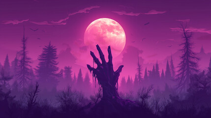 Zombie hand reaching for the full moon in a mystical forest. Concept of horror, fantasy, and the supernatural.