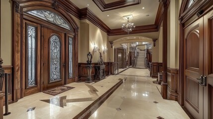 Unique luxury hallway design with intricate woodwork, elegant fixtures, and high-end flooring