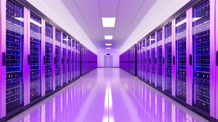 Purple Haze Data Center: Rows of sleek, purple-lit server racks extend into the distance, creating a futuristic and powerful image of modern data storage and processing.