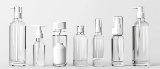 A variety of transparent and white cosmetic bottles stand in a row against a stark background, embodying minimal elegance.