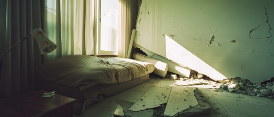 Bright daylight casts harsh shadows over a room wrecked by a catastrophic event, the scene speaking of abrupt change and survival.