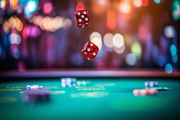 Red dice rolling on a green casino table surrounded by colorful chips