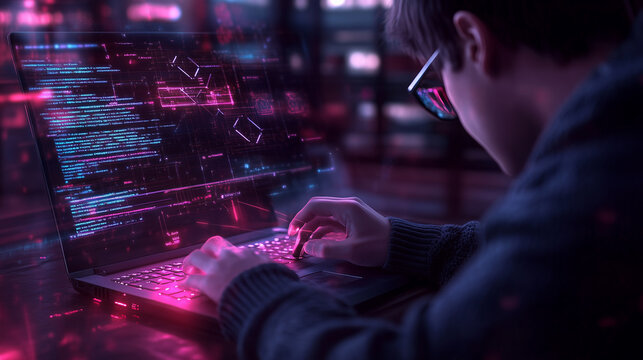 A coder writing complex algorithms on their laptop, with holographic projections of data packets and system architecture diagrams
