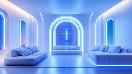 Futuristic lounge with blue neon lighting, white sofas, and arched windows.