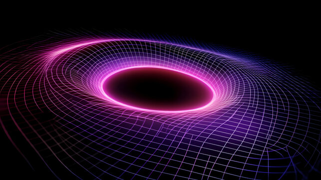 Wormhole in deep space with curved gridlines and glowing center, futuristic concept of spacetime travel, black hole theory, and interdimensional physics. Aether. Illustration