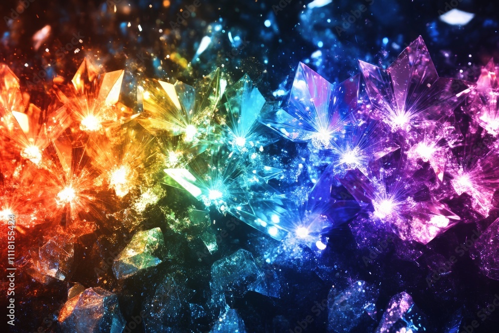 Aufkleber a stunning array of colorful crystals reflecting an array of lights against a dark background; their