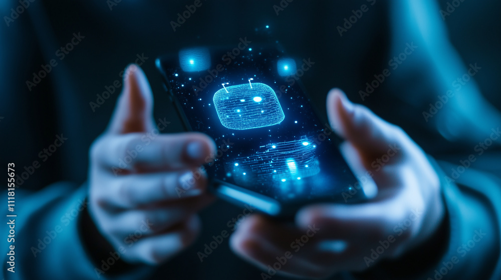 Poster a close-up of a chatbot interface on a smartphone, held by an entrepreneur who is analyzing data and