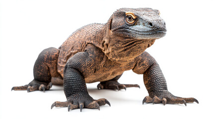 Obraz premium Close-up of a Komodo dragon against a white background, highlighting its textured scales and powerful claws.