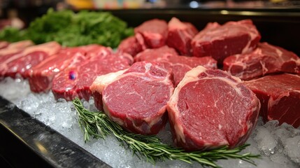 Fresh Cuts of Meat Displayed at Supermarket Section