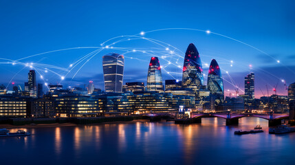 Obraz premium A glowing modern city skyline at night with interconnected lines and nodes illustrating a seamless communication network