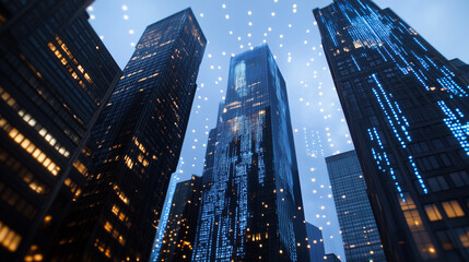 Obraz premium Skyscrapers adorned with holographic data streams and light beams representing digital connectivity in a bustling urban hub