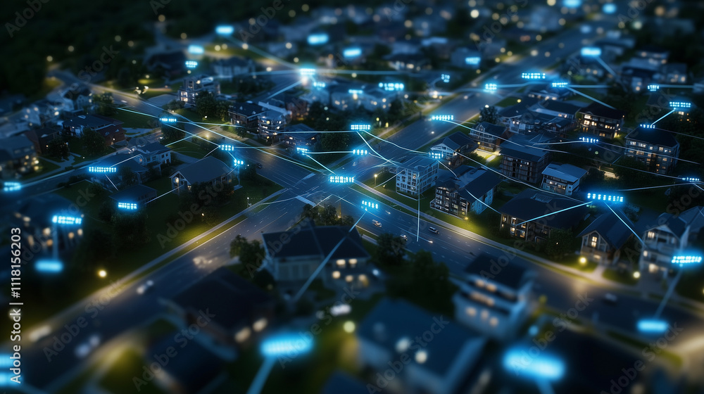Poster an aerial view of a high-tech cityscape with visible data flows connecting towers and streets, symbo