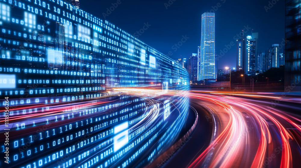 Poster a futuristic urban environment with neon lights and digital grids showcasing real-time data traffic 