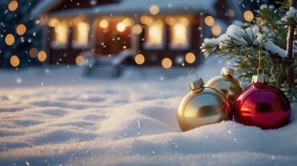 Snow- Covered Christmas Ball with Warm Light Background