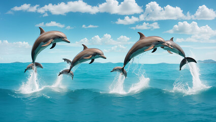Obraz premium Three dolphins are leaping out of a turquoise ocean, with white waves. Beautiful blue sky with clouds.