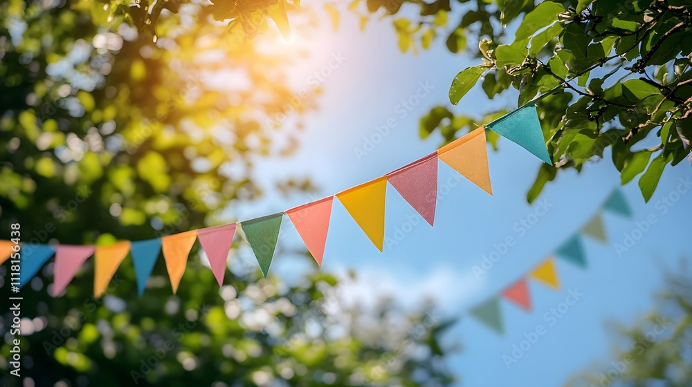 Poster colorful triangular flags strung between trees on a sunny day