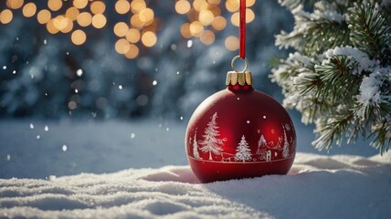 Snow- Covered Christmas Ball with Warm Light Background